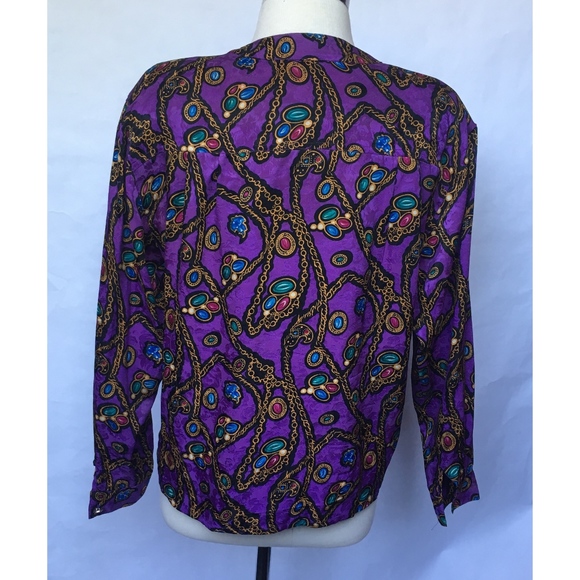 Vintage 80s Purple Silk Christmas Theme Blouse 8 - Picture 3 of 6